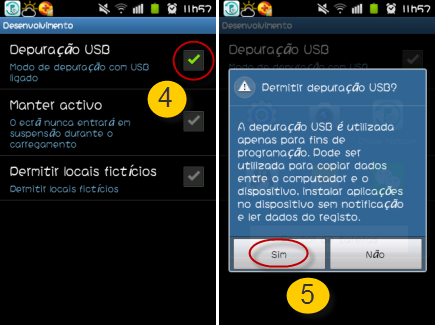 processo 2 a habilitar a Depuração de USB no Android 1.6-3.2