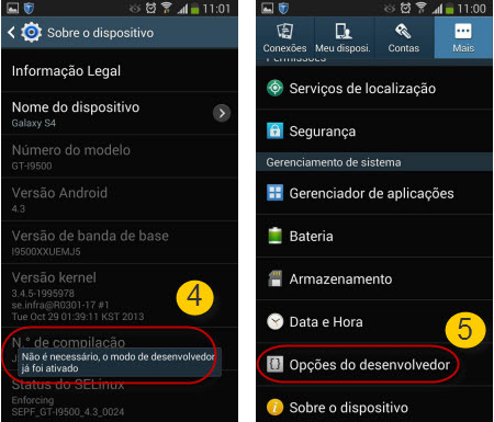 processo 2 a abrir a Depuração de USB no Android 4.2-4.3
