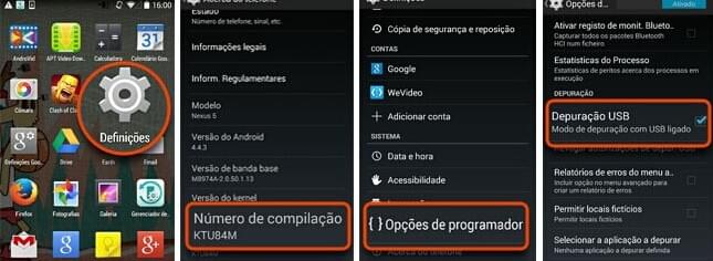 ativar o modo de Depuração de USB no Android 4.4 e acima
